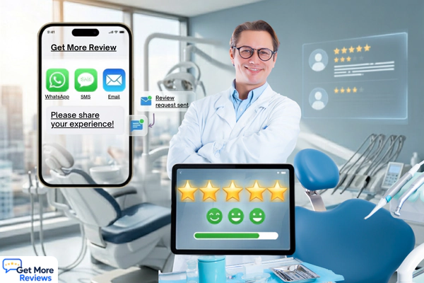 Dentist and patient in dental clinic with Google review dashboard showing 4.8 star rating and 54 new Google reviews in 45 days
