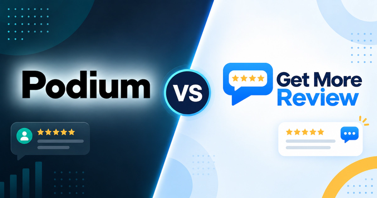 Podium alternative comparison showing Get More Review pricing and features next to Podium
