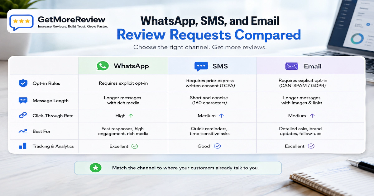 WhatsApp, SMS, and email review requests compared by opt-in rules, message length, and tracking