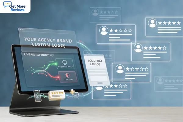 Agency branded review management platform showing client feedback pages, review requests, and dashboard tools